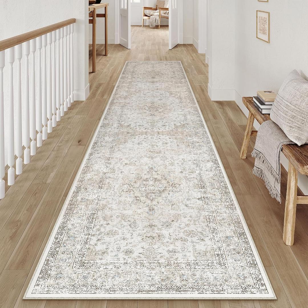2x10 Washable Vintage Runner Rug for Living Room Bedroom Beige Grey Soft Tranditional Non Slip Runner Rug Lightweight Floral Low Pile Distressed Carpet Hallway Kitchen Bathroom Bedroom