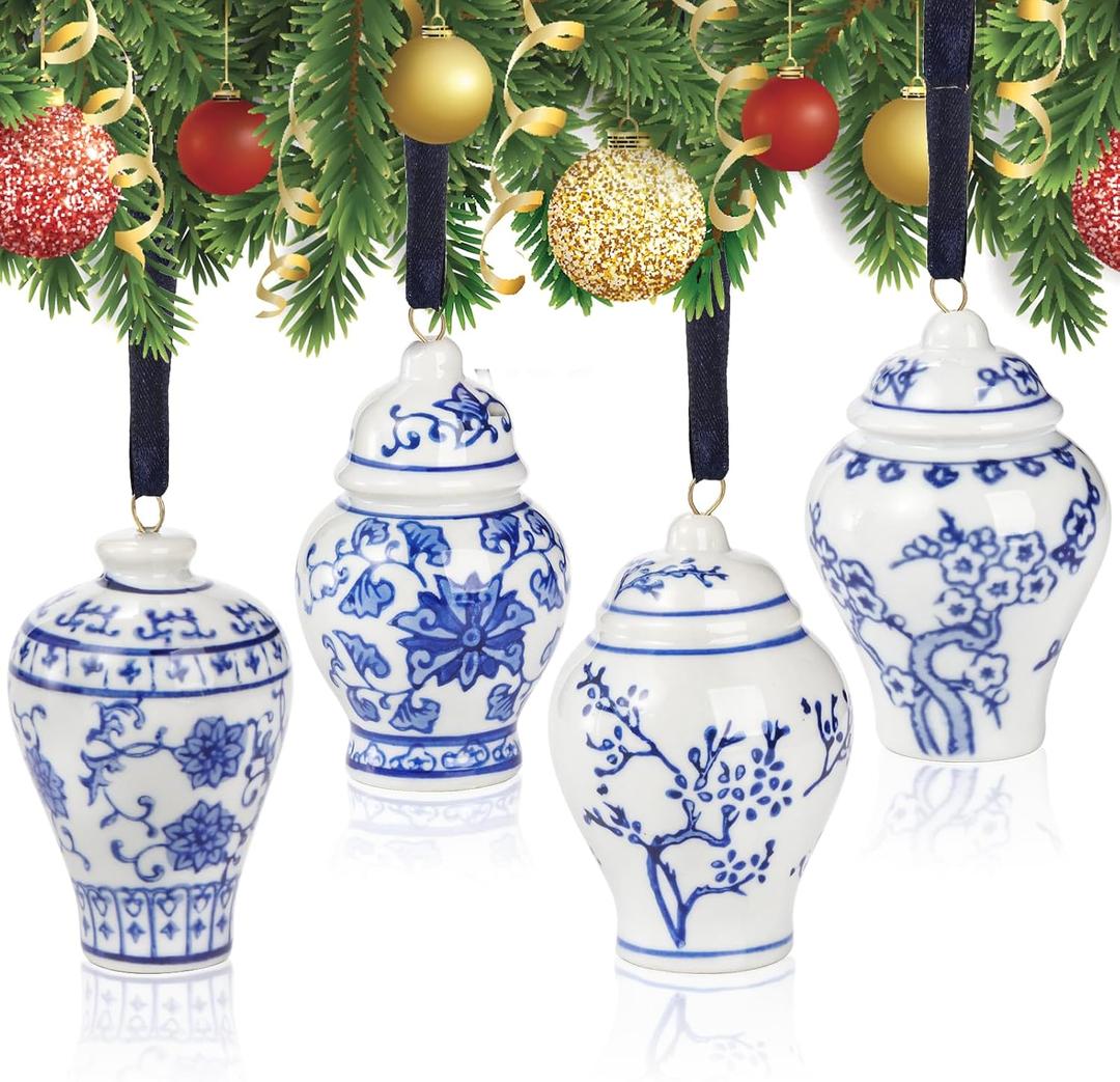 Goaste 4 Pack Mini Ginger Jar Ornaments, Christmas Hanging Pendant, Chinoiserie Ceramic Hanging Ornaments, Blue and White Porcelain Christmas's Tree Decor for Christmas, Home Decoration
