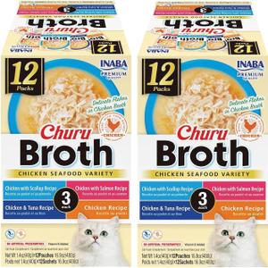 INABA Churu Broth for Cats, Creamy Broth with Shredded Chicken Side Dish Pouch, 1.4 Ounces per Pouch, 24 Pouches Total, Chicken & Seafood Variety