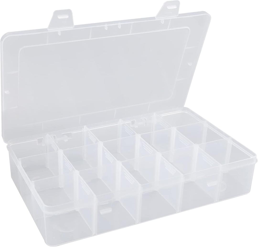 Hlotmeky Plastic Organizer Box with Dividers - Bead Organizer, 15 Large Grids, Clear Snack Box Container