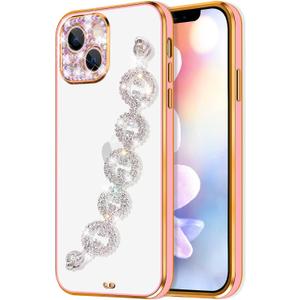 2 x Bonitec Case for iPhone 14 Pro Max Case with Bracelet 3D Glitter Sparkle Bling Strap Luxury Shiny Crystal Rhinestone Diamond Silver Chain Protective Cover for Ladys, Girls and Women, Pink
