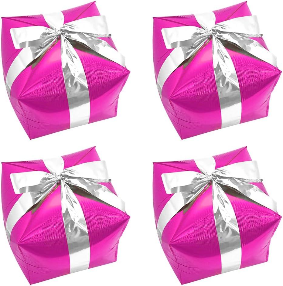 Pink Lovely Christmas Cube Gift Box Shape Party Balloon With Sliver Ribbon, Square Present Gift Box Cube Mylar Xmas Decoration Balloons For New Year Birthday Baby Shower Wedding Party Supplies