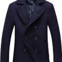 chouyatou Men's Classic Notched Collar Double Breasted Wool Blend Pea Coat (XX-Large, Dark Blue)