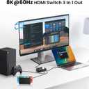 NEWCARE 8K HDMI Switch 3 in 1 Out, HDMI 2.1 Switch with Remote, HDMI Splitter 4K@120Hz Support 8K@60Hz HDCP2.3 HDR10+ VRR ALLM Dolby, HDMI Switcher Compatible with TV PS5/4 Xbox Laptops PC Projector