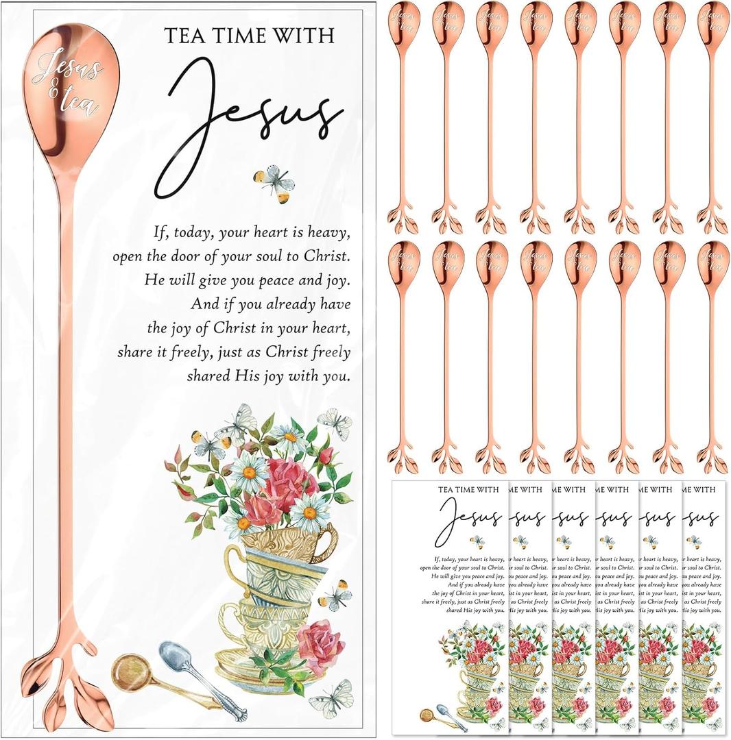 30 Sets Christian Tea Party Favors Jesus Teaspoons with Prayer Cards 6.5" Coffee Spoons Souvenirs for Tea Party Church Mothers Day Family Reunion Gifts, Rose Gold