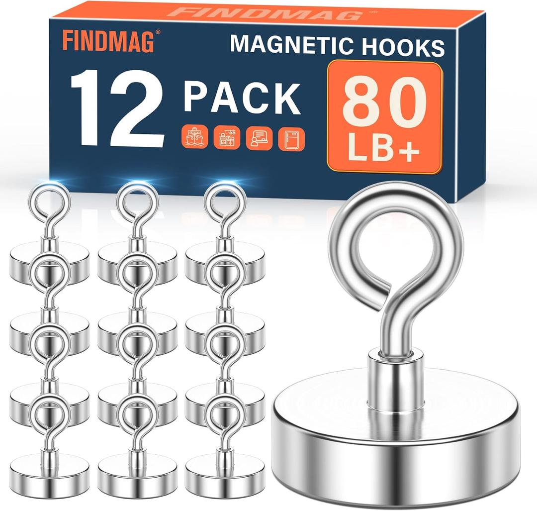 FINDMAG Magnetic Hooks for Cruise Cabins, 80lbs Magnets Heavy Duty with Hook, Magnetic Towel Holder for Refrigerator, Magnets Eyelet Hanger for Hanging, Travel Essentials, 12 Pack (Sliver)