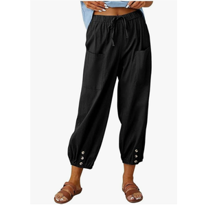 Womens Capri Pants Cotton Linen Cropped Trousers Summer Wide Leg Drawstring High Waist Palazzo Pants with Pockets, Size -Large
