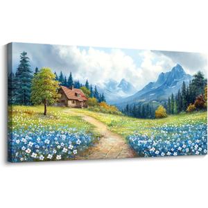 CHATYOUNG Canvas Wall Art Landscape Paintings, Blue Misty Mountains and Wild Flowers Rustic Prints Wall Pictures Large Size 24"X48" for Living Room Bedroom Bathroom Home Decor Gift