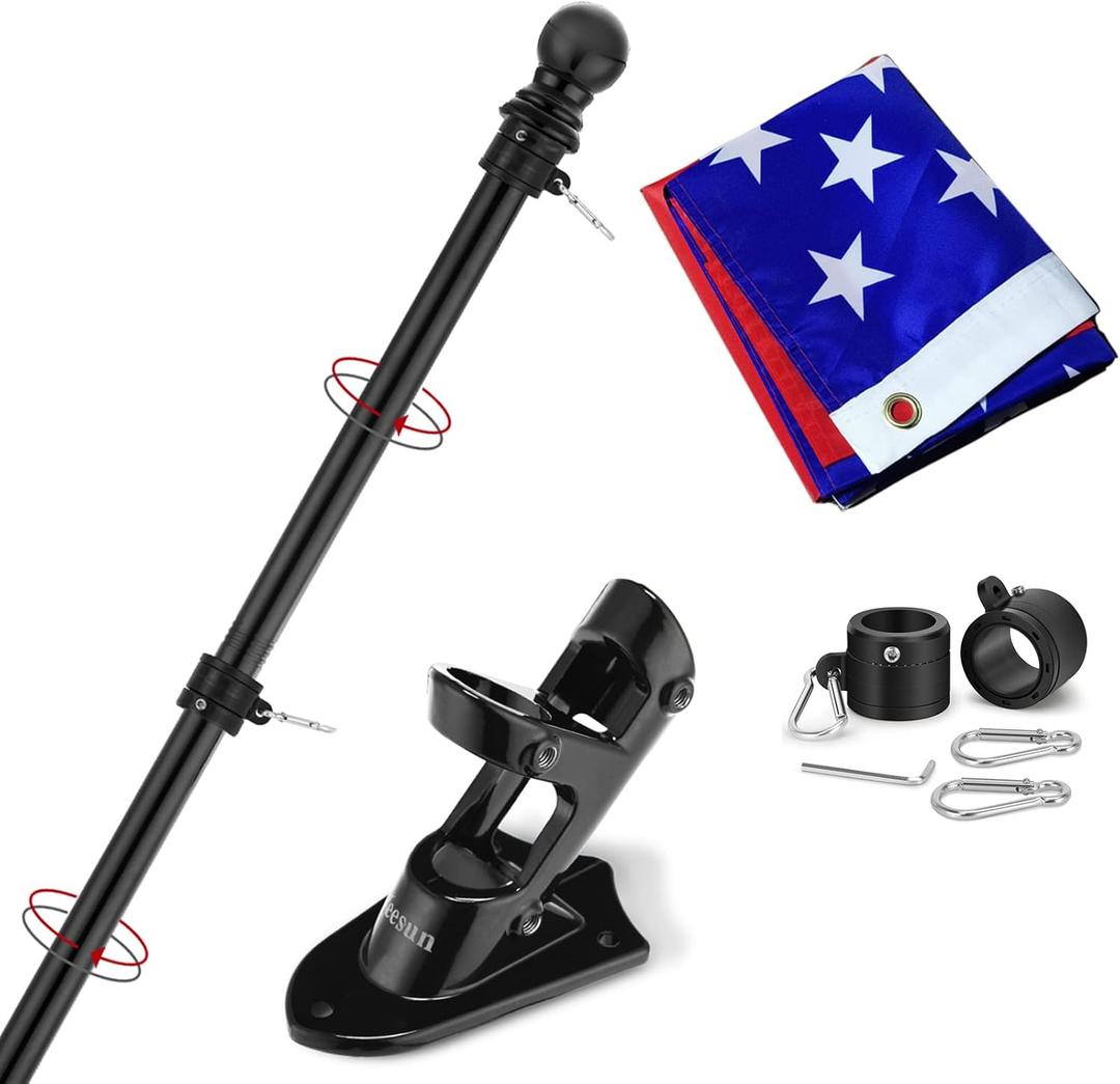 Yeesun Flag Pole for House with 3x5 American Flag, 6 FT Wall Mount with Bracket for Home Porch, Outdoor Deco Residential or Commerical Tangle Free Flag Pole Kit (Black)