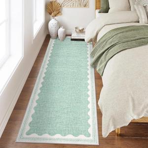 Scalloped Rug 2x6 Runners for Hallways, Solid Green Runner Rug Non Slip Scalloped Bath Runner, Washable Rugs for Bedroom Girls, Rugs for Kitchen Floor Soft Dorm Nursery Carpet for Bedside