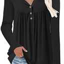 HAHIYOR Womens-Tops-Long-Sleeve Henley Shirts V Neck Blouses Buttons Up Tunics Flowy Pleated Blouses, Medium