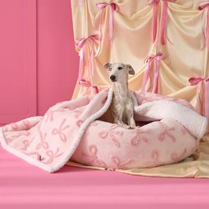 Lesure Waterproof Puppy Blanket for Medium Dogs - Washable Double Sided Dog Blankets with Warm Jacquard Shag and Soft Sherpa Fleece, Pet Cat Blanket for Couch Protection, Bow DesignPink Taffy