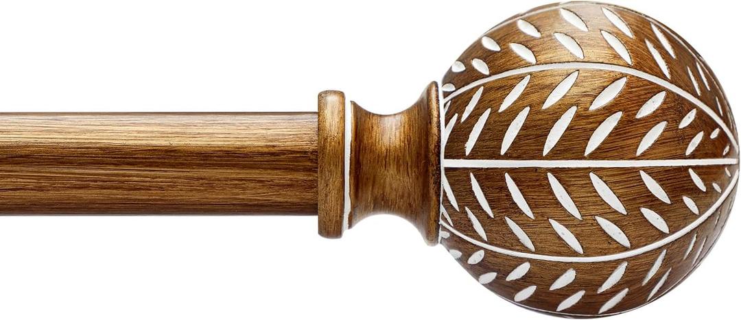 QDWIS Gold Curtain Rods for Windows 28 to 48 Inch,1'' Diameter Drapery Rods with Imitation Wood Grain Leaf Pattern Finials,Boho Adjustable Heavy Duty Curtain Rods Set,18-60'',Antique-Gold Wood