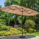 PHI VILLA 13ft Large Patio Umbrella with Solar Lights, Double-Sided Outdoor Market Rectangle Umbrella with 120 PCS LED Lights, Beige (No Base)