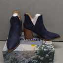 FISACE Womens Pointed Toe Stacked Mid Heel Ankle Boots V Cut Back Zipper Faux Leather Booties 7