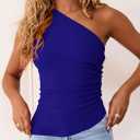 PRETTYGARDEN Womens 2026 Summer Y2K Tops Sleeveless One Shoulder Slim Fit Shirts Ruched Knit Asymmetrical Top Blouse (Blue, S)