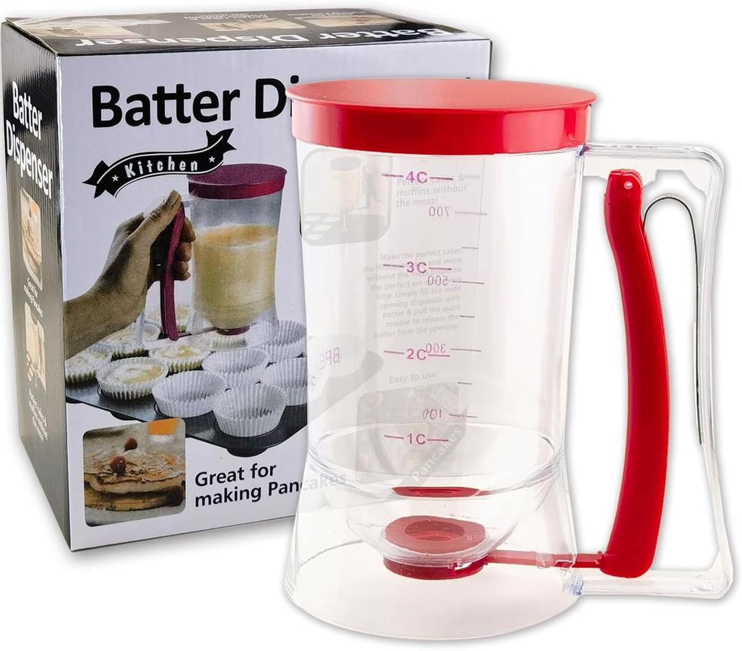 Pancake Batter Dispenser with Squeeze Handle - 4-Cup Measuring Dispenser for Pancakes/Cupcakes/Waffles/Crepes - BPA-Free Pourer with Easy Clean Design - Professional Baking Tools, Red