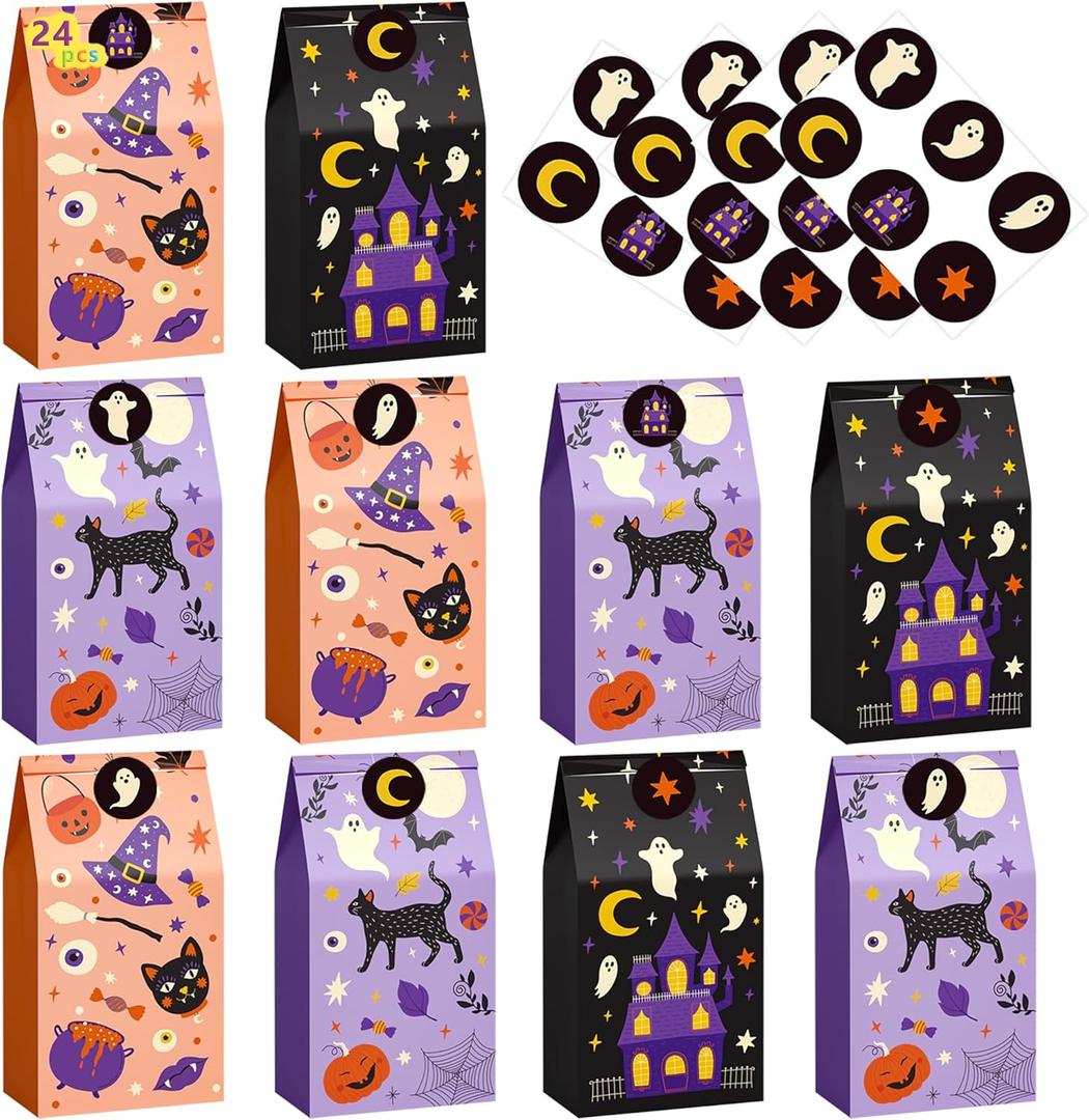 HOUSE OF PARTY Halloween Treats Bags - 24 Pcs | Wicked Cute Paper Treat Bags | Candy Bags with Stickers for Party Favor Supplies,Treats, Snacks