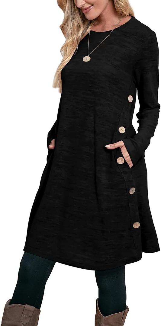 OFEEFAN Womens Long Sleeve Tunic Dres Fall Outfits with Pockets Buttons (X-Large, Black)
