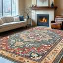 8x10 Area Rugs, Machine Washable Area Rugs Boho Low Pile Area Rug for Living Room, Floral Medallion Vintage Rugs with Non-Slip Rubber, Kid & Pet Friendly, Red/Green