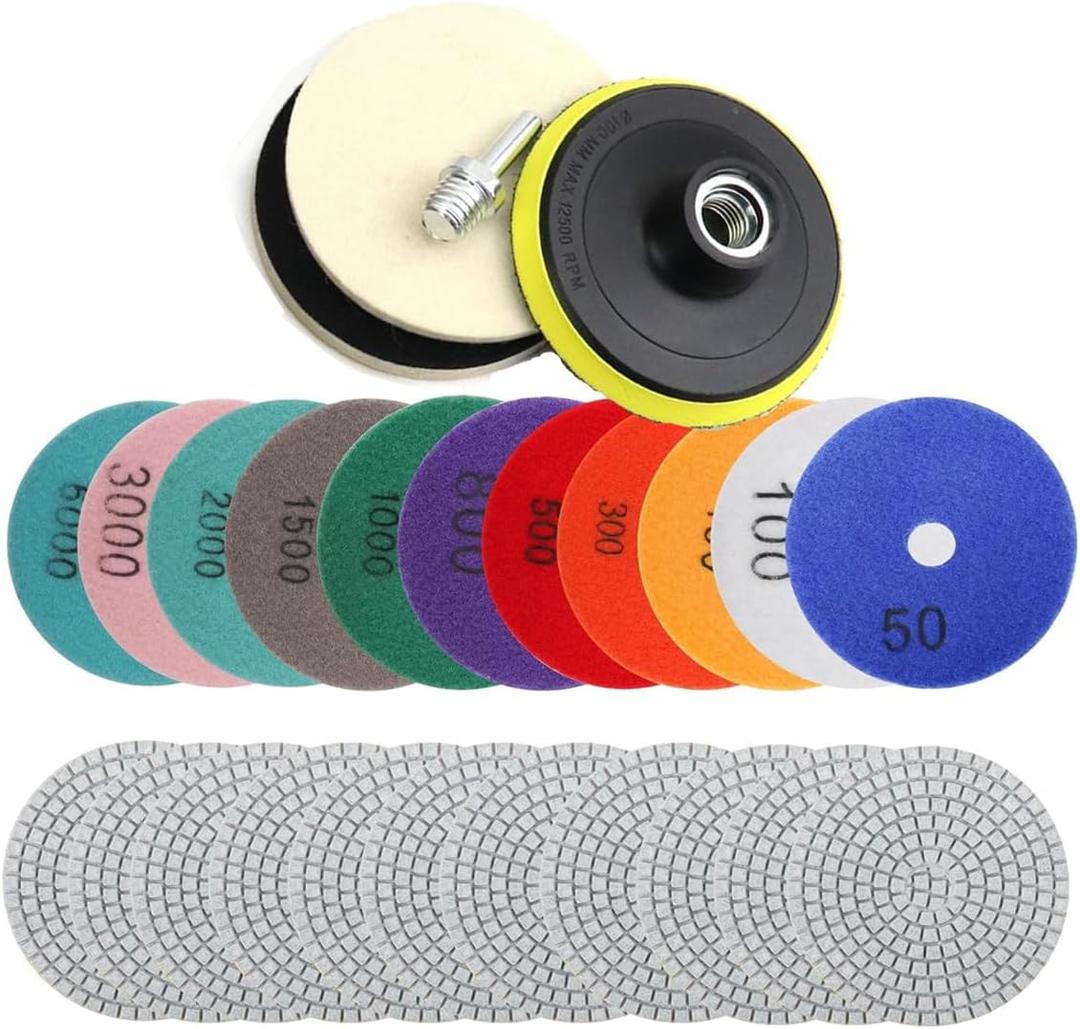 Marble Polishing Kit, 4-inch Diamond Polishing Pads, 12 Pieces Wet/Dry Granite Stone 50-6000 Grit Polishing Pads, Suitable for Polishing Granite and Marble Countertops (12 Pcs Diamond Polishing Pads)