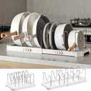 Expandable Pot and Pan Organizer Rack for Kitchen Cabinet or Under Sink, Adjustable Lid Holder with 7 Dividers, Space-Saving Storage for Renters, Small Homes, and Busy Cooks, White