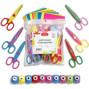 Incraftables 6pcs Decorative Pattern Edge Craft Scissors 10pcs Small Paper Hole Punch Shapes 10pcs Colorful Papers. Best for Fun DIY Scrapbooking Crafting Projects for Kids Adults.