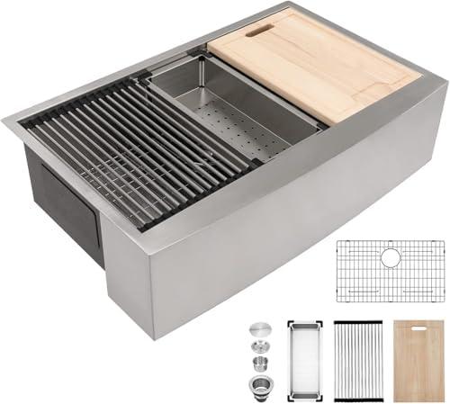 Kichae 30 Inch Farmhouse Sink Stainless Steel, Apron Front Farm Sink for Kitchen, Undermount Workstation Sink with Integrated Ledge 30x22 Deep Single Bowl Kitchen Sink with Accessories