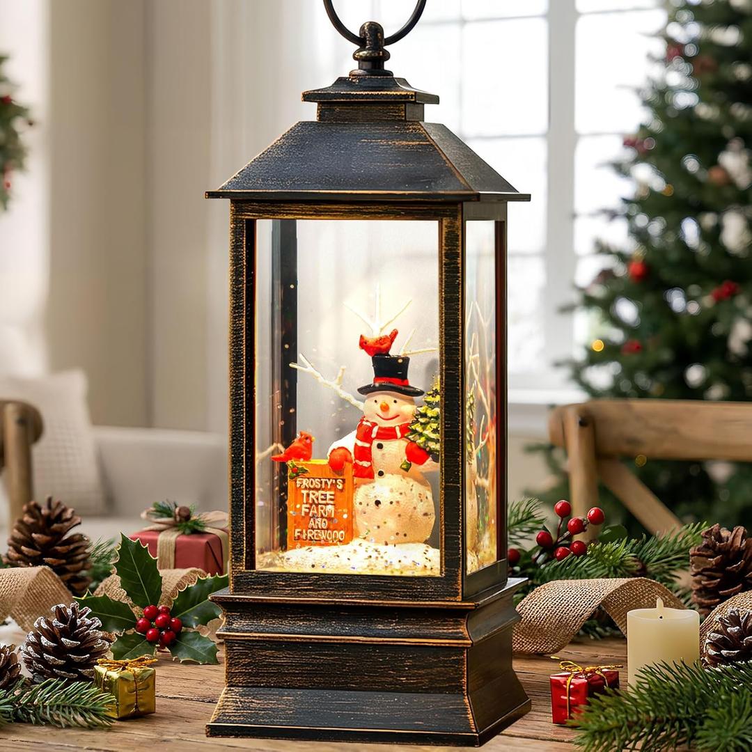 Christmas Snow Globe Lantern Musical Snowman Christmas Tree Lighted Snow Globe with Timer USB/Battery Lined Operated Swirling Glitter Water Lantern Merry Christmas Scene Holiday Home Decor Gifts (10.4'' Farm Snowman)