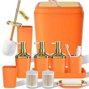 Bathroom Set - 11PC Bathroom Accessory Set, Bathroom Accessories Set, Orange Bathroom Set, Push-lid Trash Can, 3PC Soap Dispensers, Toilet Brush & Q-tip Holders