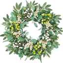 Sggvecsy Artificial Eucalyptus Wreath for Front Door 20 Inch with Greenery Leaves Lambs Ear White Berries for Spring Summer Farmhouse Window Porch Wall Home Indoor Outdoor Decor