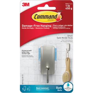Command Small Bath Hook, Holds up to 1 lb, 1 Satin Nickel Shower Hook with 2 Water Resistant Command Strips, Damage Free Bathroom Organization