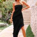 PRETTYGARDEN Womens Spring Cocktail Dresses 2026 Strapless Bodycon Ruffle Elegant Summer Wedding Guest Graduation Midi Dress (Black, S)