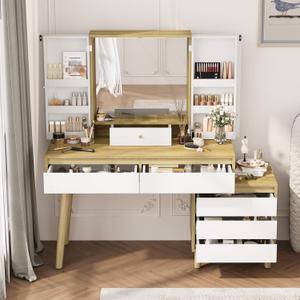 GarveeHome Farmhouse Vanity Desk Makeup Vanity with Large Mirror, 6 Storage Drawers, Open Shelves, 3 Color Lighting Modes, Brightness Adjustable, Dressing Table for Bedroom, Natural (White)