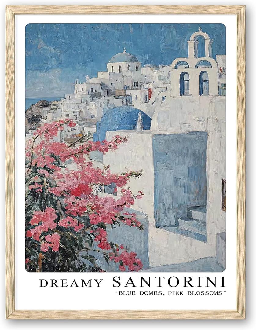 Natural Oak Tropical Island Frame Wall Art, 12x16inch White and Blue Architectural Pink Flower Canvas Wall Printed Matter, Classic City Landmark Wall Decoration Office Bedroom Living Room