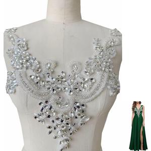 Handmade Rhinestones lace Applique handsewing Beads Trim Patches Neckline for Dress Clothes Accessory (White)