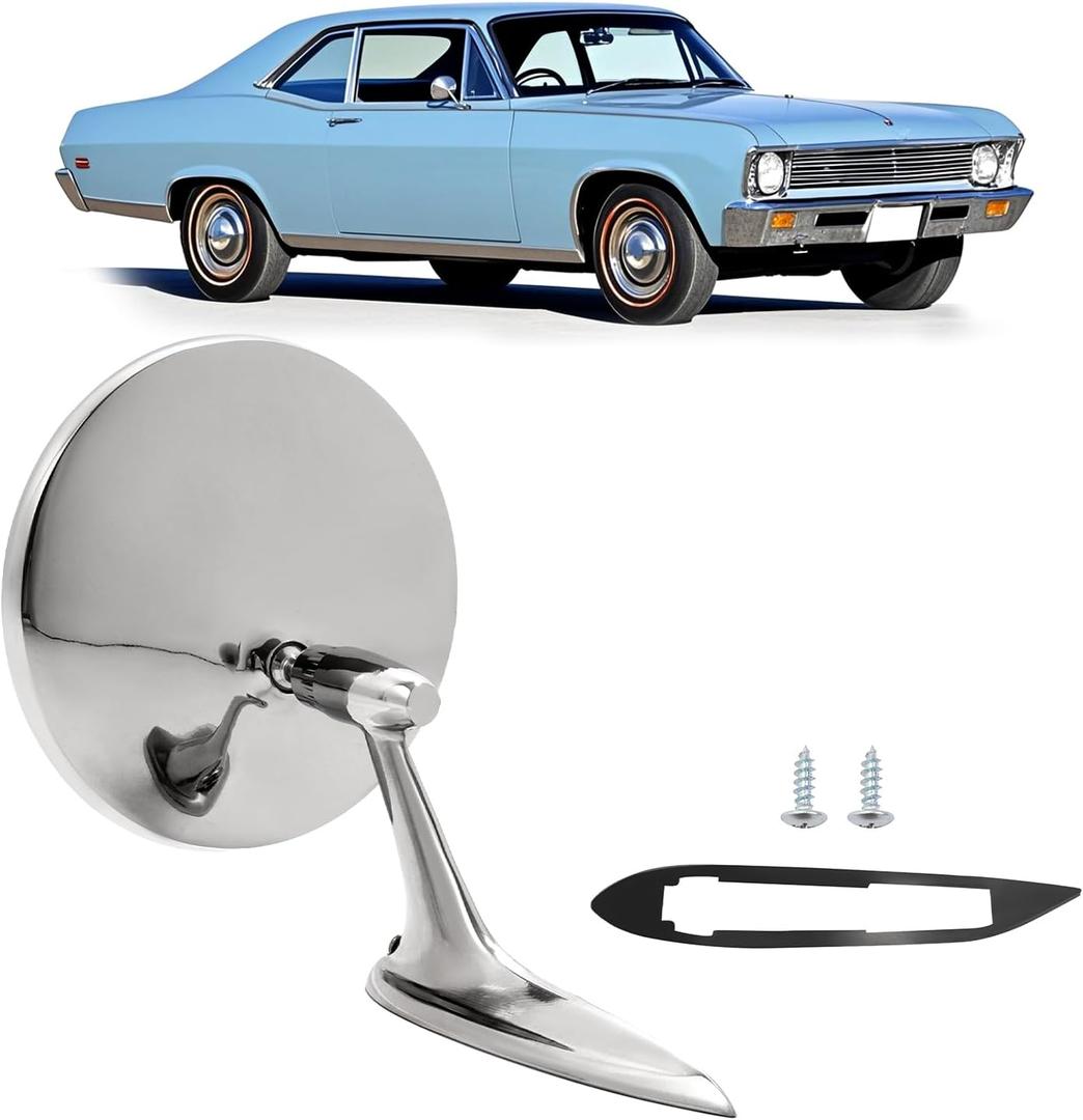 HECASA Round Bowtie Outside Rearview Mirror Ribbed Base Compatible with 1963-1965 Chevy Chevrolet Impala/Corvair/Nova/Chevelle/El Camino Steel+Glass View Mirror Clear+Silvery