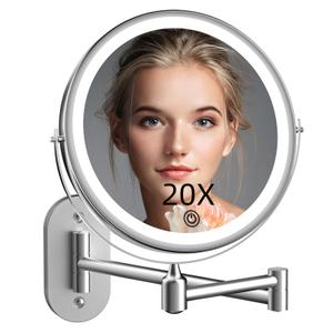 Rechargeable Wall Mounted Lighted Makeup Vanity Mirror 8 inch 1X/20X Magnifying Bathroom Mirror with 3 Color Lights, Double Sided with Dimmable LED Lights, Extended Arm 360° Swivel Extension Mirror