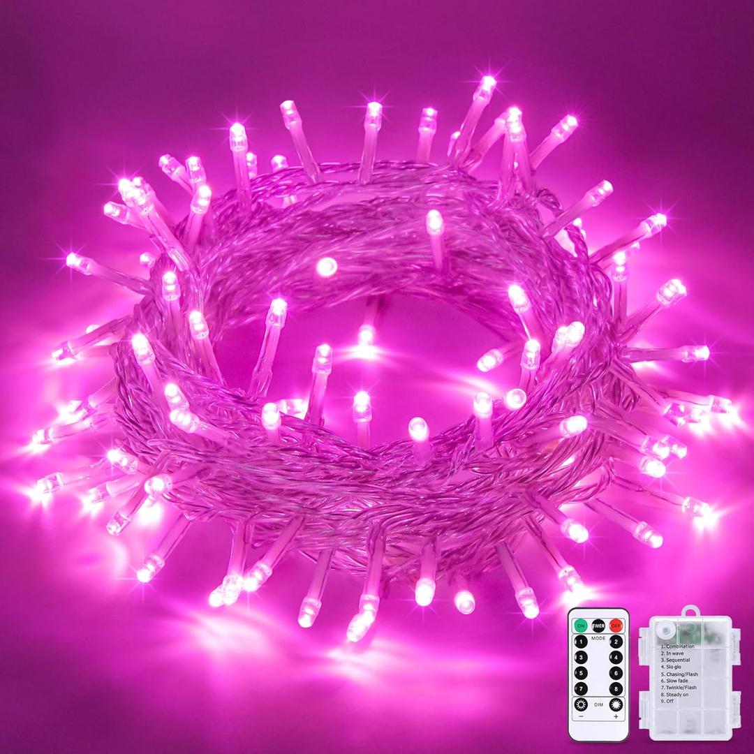 JMEXSUSS 33ft 100 LED Pink Battery Operated Lights with 8 Modes Remote, Pink String Lights Indoor Outdoor, Christmas String Light for Bedroom House Tree Party Porch Decor