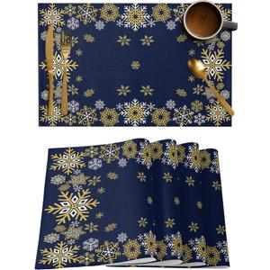 Gold White Snowflakes Christmas Placemats Set of 6, Winter Xmas Holiday Heat Resistant Washable Table Place Mats Navy Blue Cotton Table Linens Party Holiday Decor for Kitchen Dining Outdoor Indoor (18x12 inch x6 pcs)