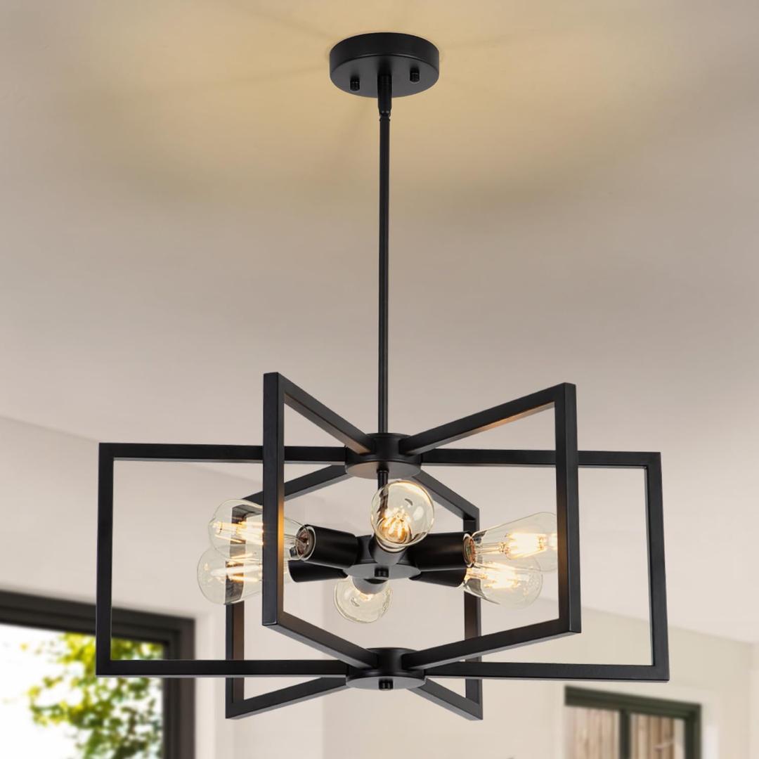 23.6” Black Chandelier for Dining Room 6 Light Kitchen Chandelier over Table Farmhouse Dining Room Light Fixtures Over Table,Hanging Pendant Light Fixture with Adjustable Height for Entryway,Foyer