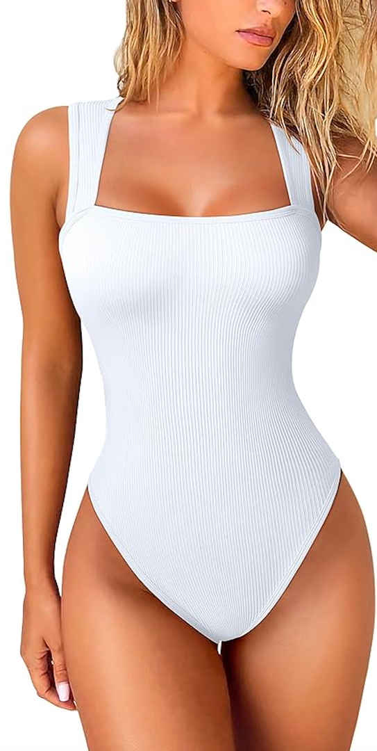 OQQ 2 Piece Bodysuits For Women Sexy Ribbed Strappy Square Neck Stretch Tank Tops Bodysuits ,Size S