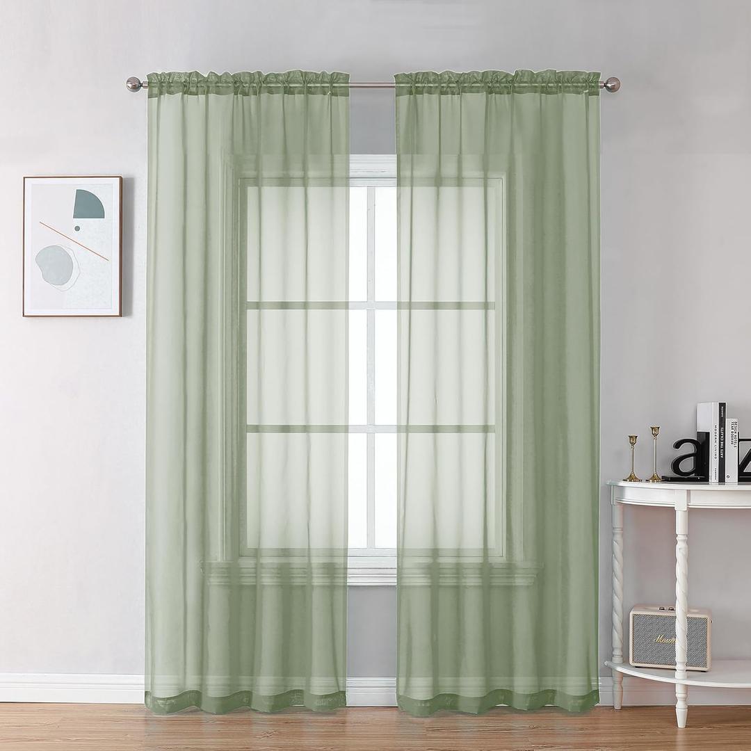 OVZME 2 Panels Sheer Sage Green Curtains 72 Inches Length Window Treatment for Kitchen, Elegant Airy Transparent Curtain Draperies Rod Pocket for Kids Living Room, Each 42 Width 72 Length