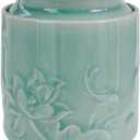 Ceramic Storage Jar with Lid, Embossed Floral Design, Olive Green, Kitchen Container