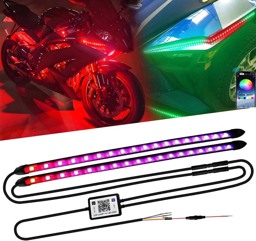 Qasim 14inch RGB LED Light Strip APP Control Multi Color,35.5CM Cool Start White Dynamic RGB Amber Turn Signal DRL Sequential Strip Grille Chassis Light Kit for Car/Snowbike/SUV/Bike/Truck