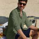 Alimens & Gentle Mens Cotton Linen Textured Shirt Long Sleeve Button Down Shirts Casual Summer Beach Wedding Tops with Pocket (Green, L)