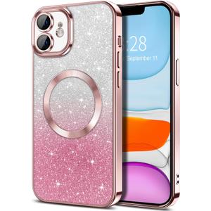 Hython for iPhone 11 Case Clear Magnetic Glitter Phone Cases [Compatible with MagSafe] Full Camera Lens Protector Slim Gradient Sparkle Luxury Plating Shockproof Protective Cover Women Girls, Pink