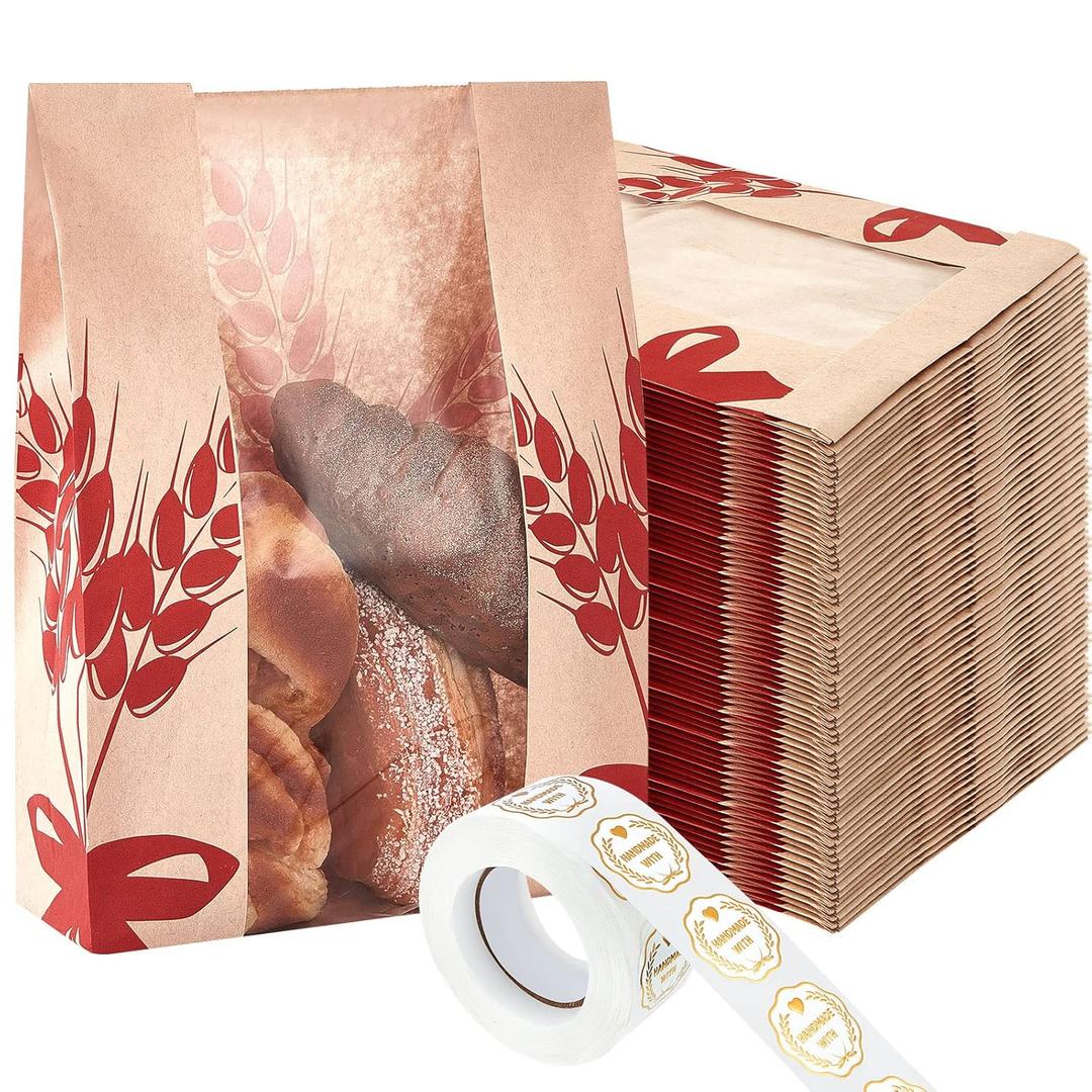 Gueevin 50 Pcs Kraft Paper Bread Bag with Clear Window Large Paper Bread Bags for Homemade Bakery Food Packaging Storage with 500 Pcs Stickers for Sourdough Popcorn Cookies, 14 x 8.3 x 3.2 in (Red)