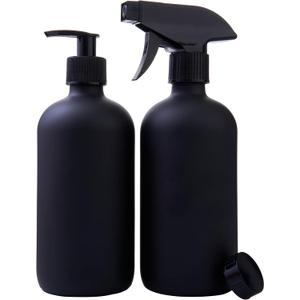 Black Boston Round Glass Bottles, 16oz | Glass Spray Bottle & Soap Dispenser | Reusable for Cleaning & More | Set of 2