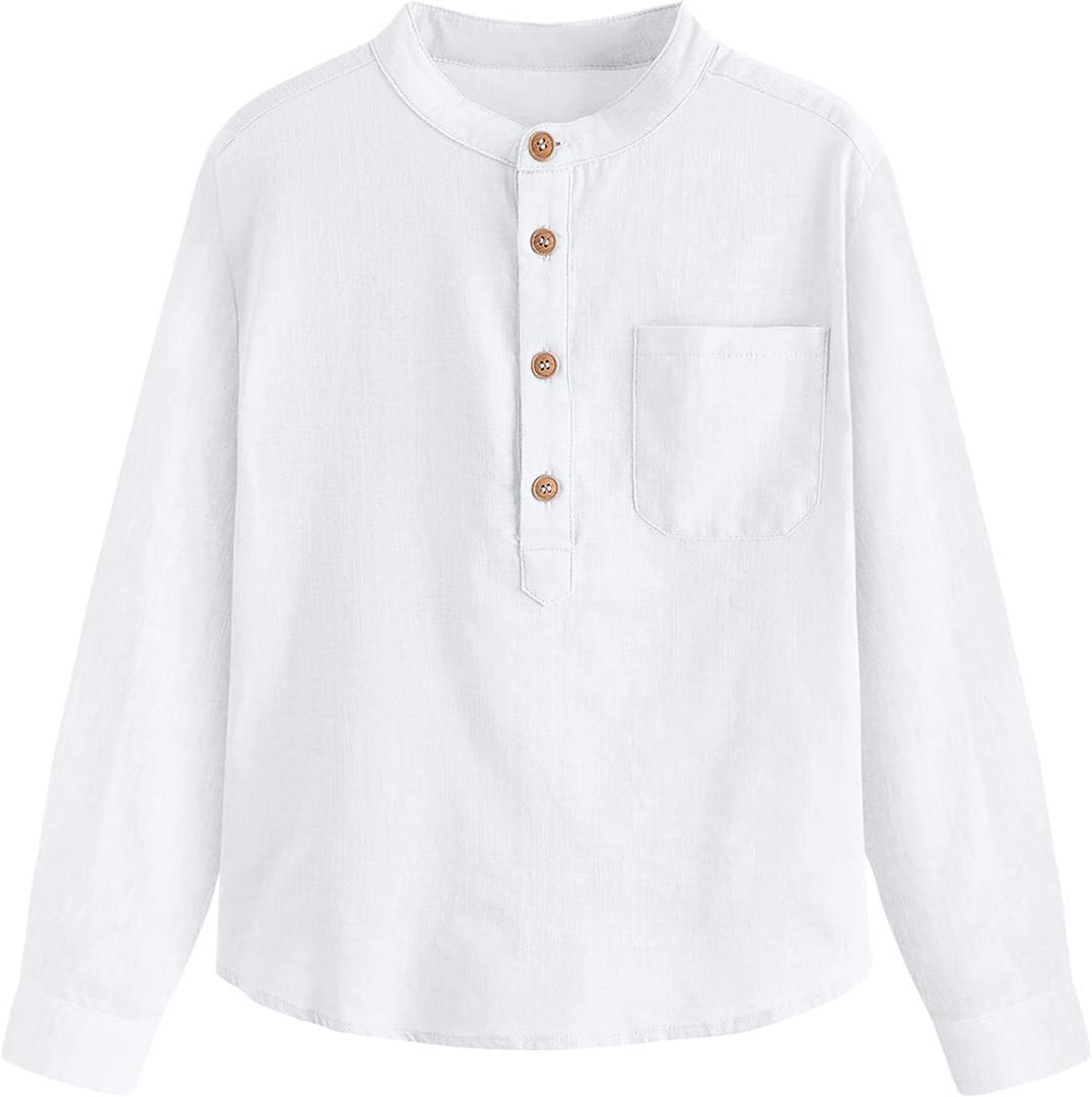 Inorin Boys Linen Shirt Button Up Henley Long Sleeve Dress Shirts Cotton Lightweight Tees Tops with One Pocket (11-12 Years, White)